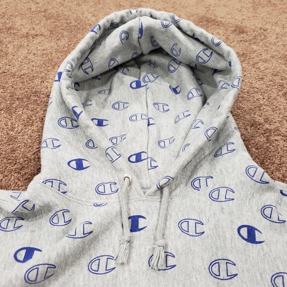 Champion Reverse Weave Mens Medium M Hoodie Sweatshirt Gray Grey Logo All Over - Picture 2 of 12